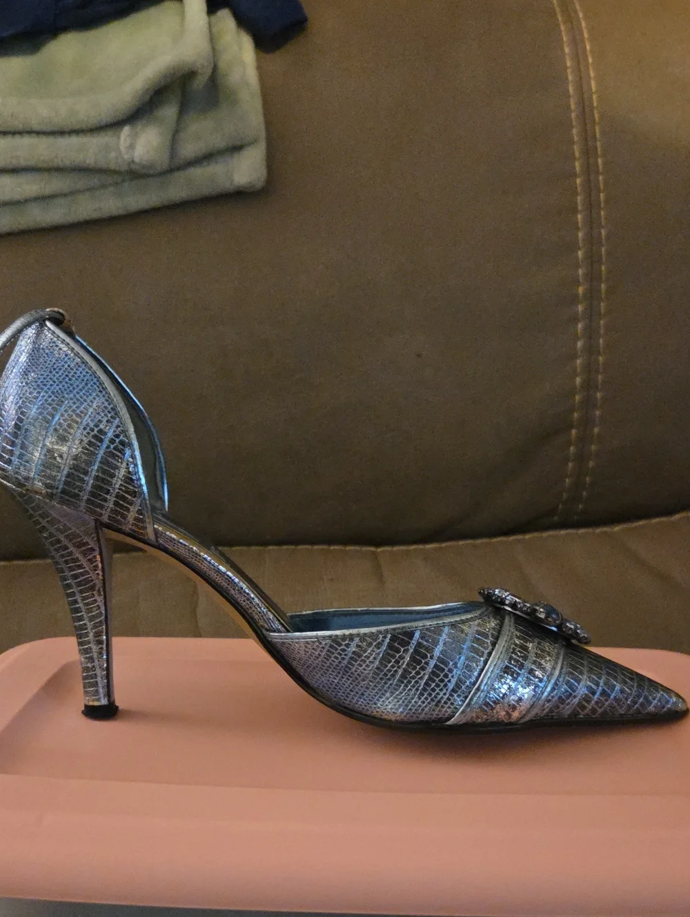 J Renee Women’s Metallic Silver Pointed Toe Heel with Jeweled Buckle